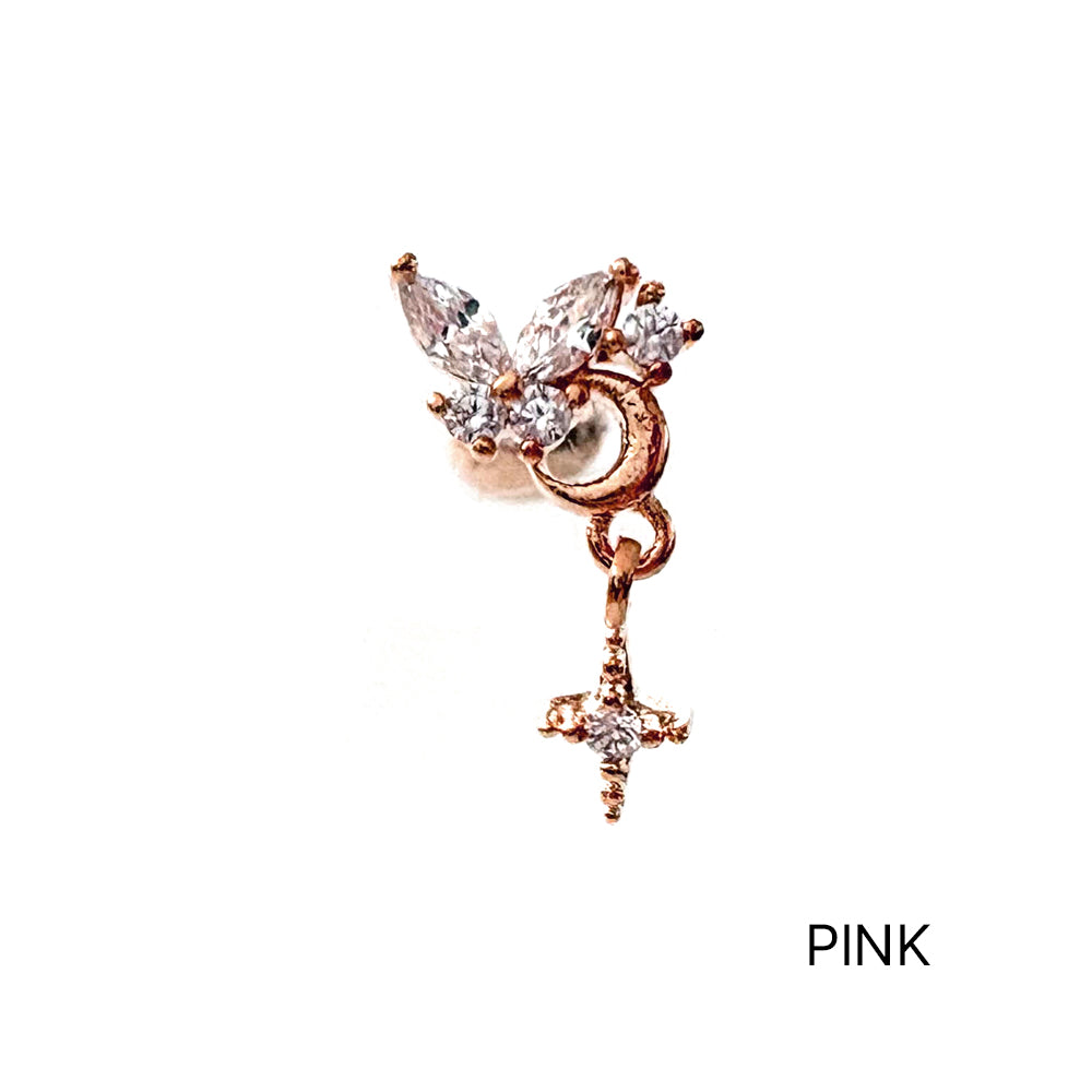 A8 285 ［サージカルステンレス］ドロップ蝶々＆月＆花ピアス