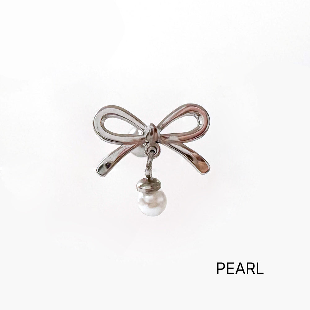B3 039 ［サージカルステンレス］リボンパールドロップピアス