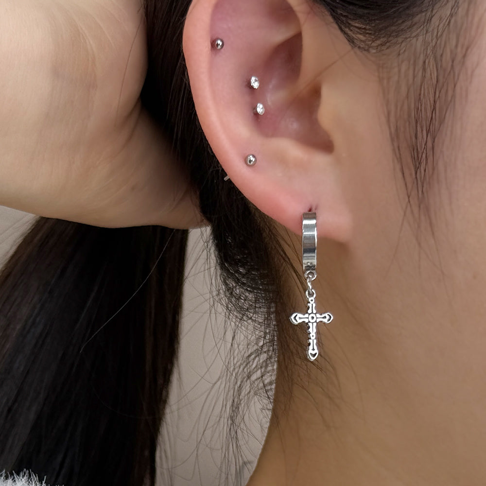 YEH 019 ［サージカルステンレス］十字架リングワンタッチピアス