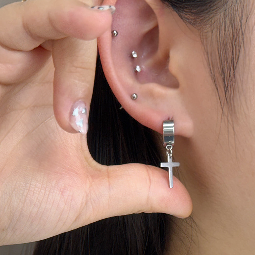 YEH 009 ［サージカルステンレス］十字架スチールドロップワンタッチピアス