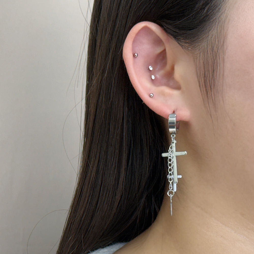 YEH 001 ［サージカルステンレス］十字架スチールリングドロップピアス