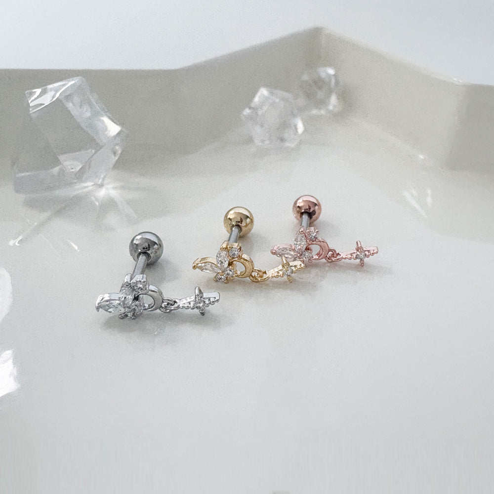 A8 285 ［サージカルステンレス］ドロップ蝶々＆月＆花ピアス