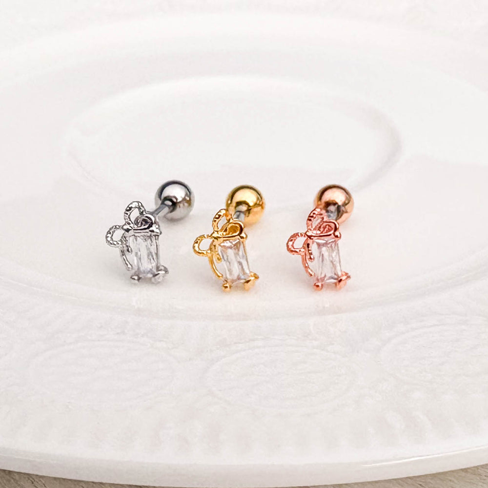 A5 255 ［サージカルステンレス］ストーンキュービックリボンピアス