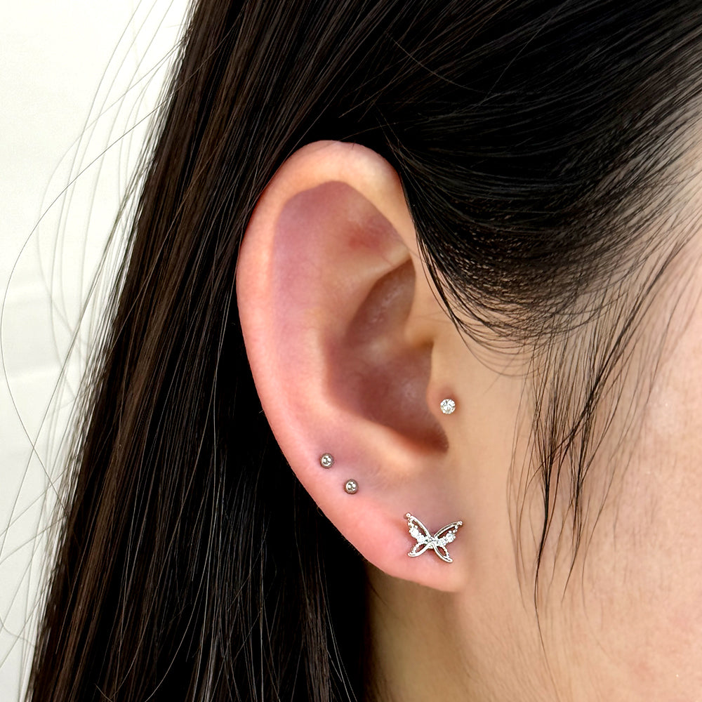 MJ 069 ［サージカルステンレス］キュービックワンボール蝶ピアス