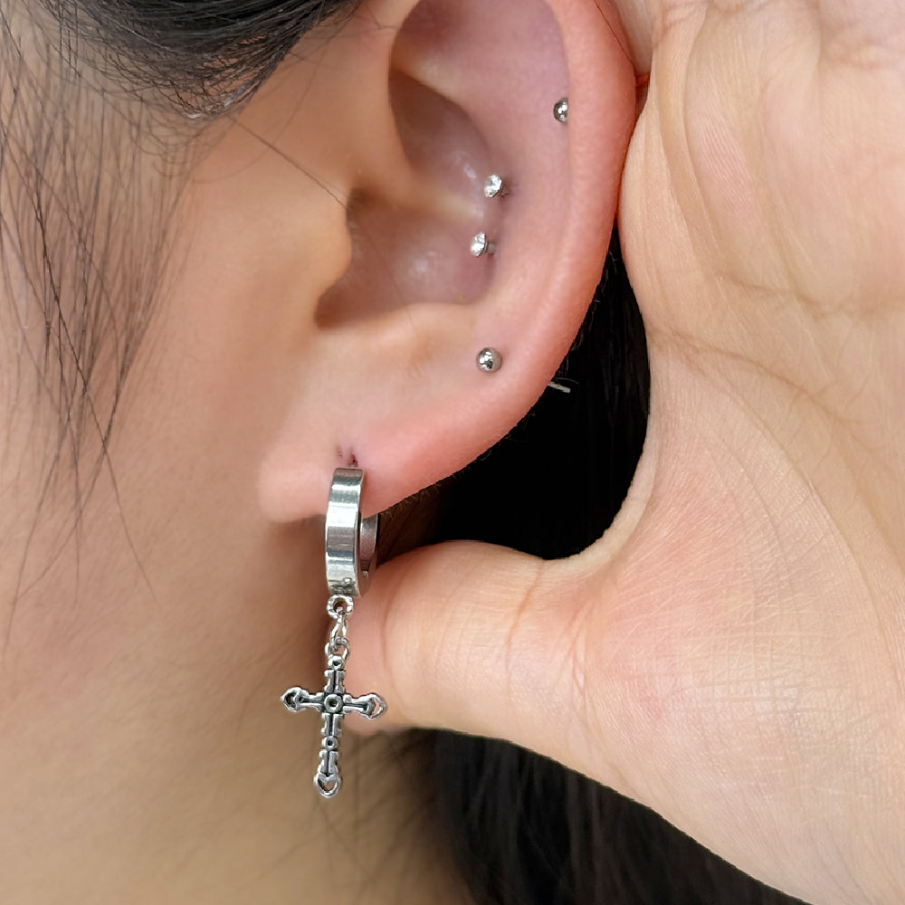 YEH 019 ［サージカルステンレス］十字架リングワンタッチピアス