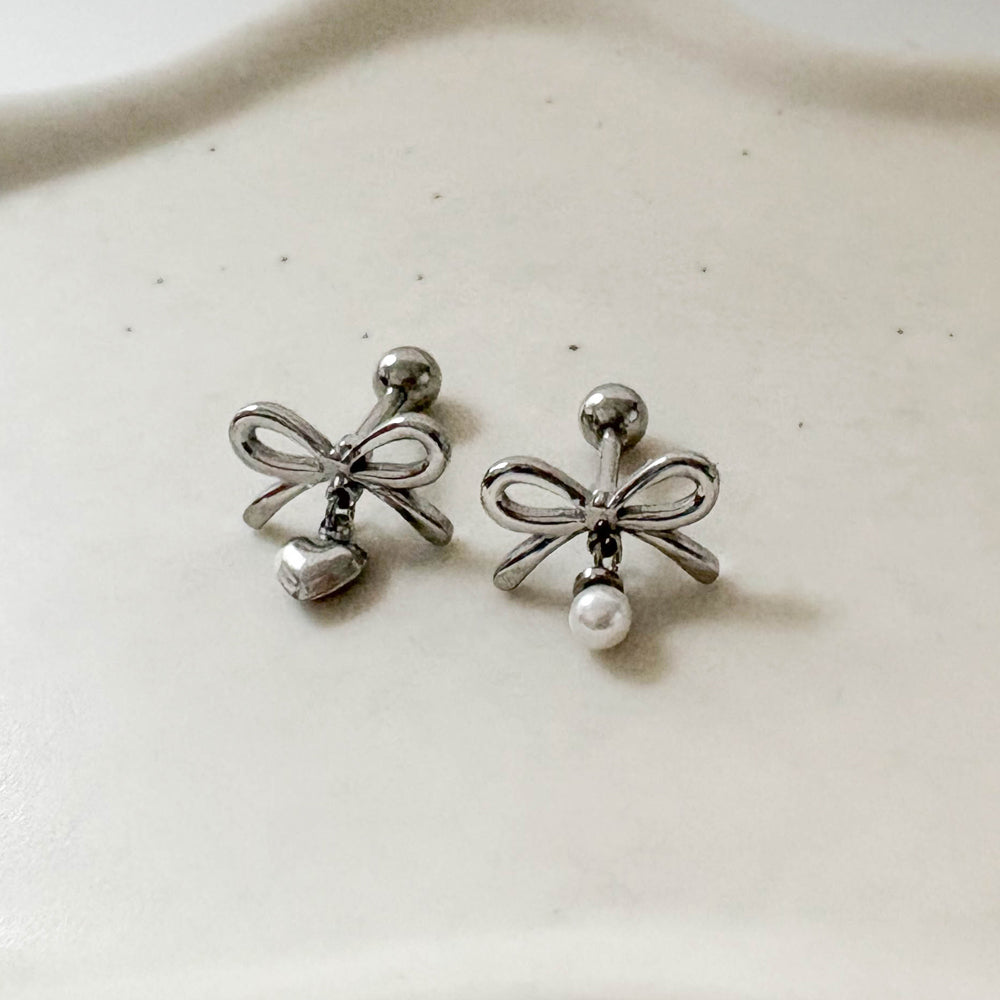 B3 039 ［サージカルステンレス］リボンパールドロップピアス