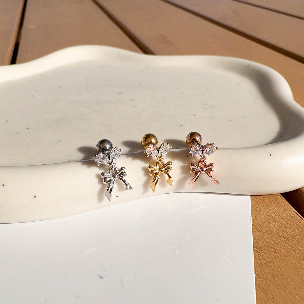 A5 282 ［サージカルステンレス］ダブルストーンドロップリボンピアス