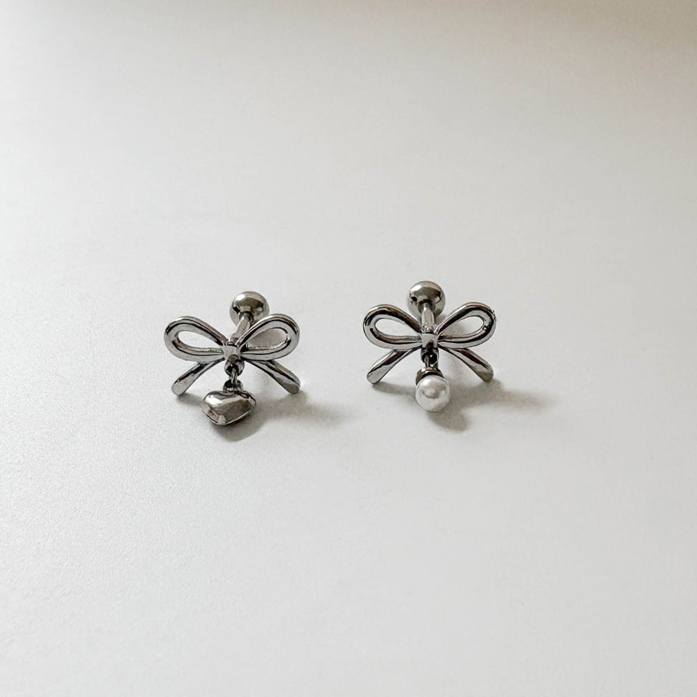 B3 039 ［サージカルステンレス］リボンパールドロップピアス