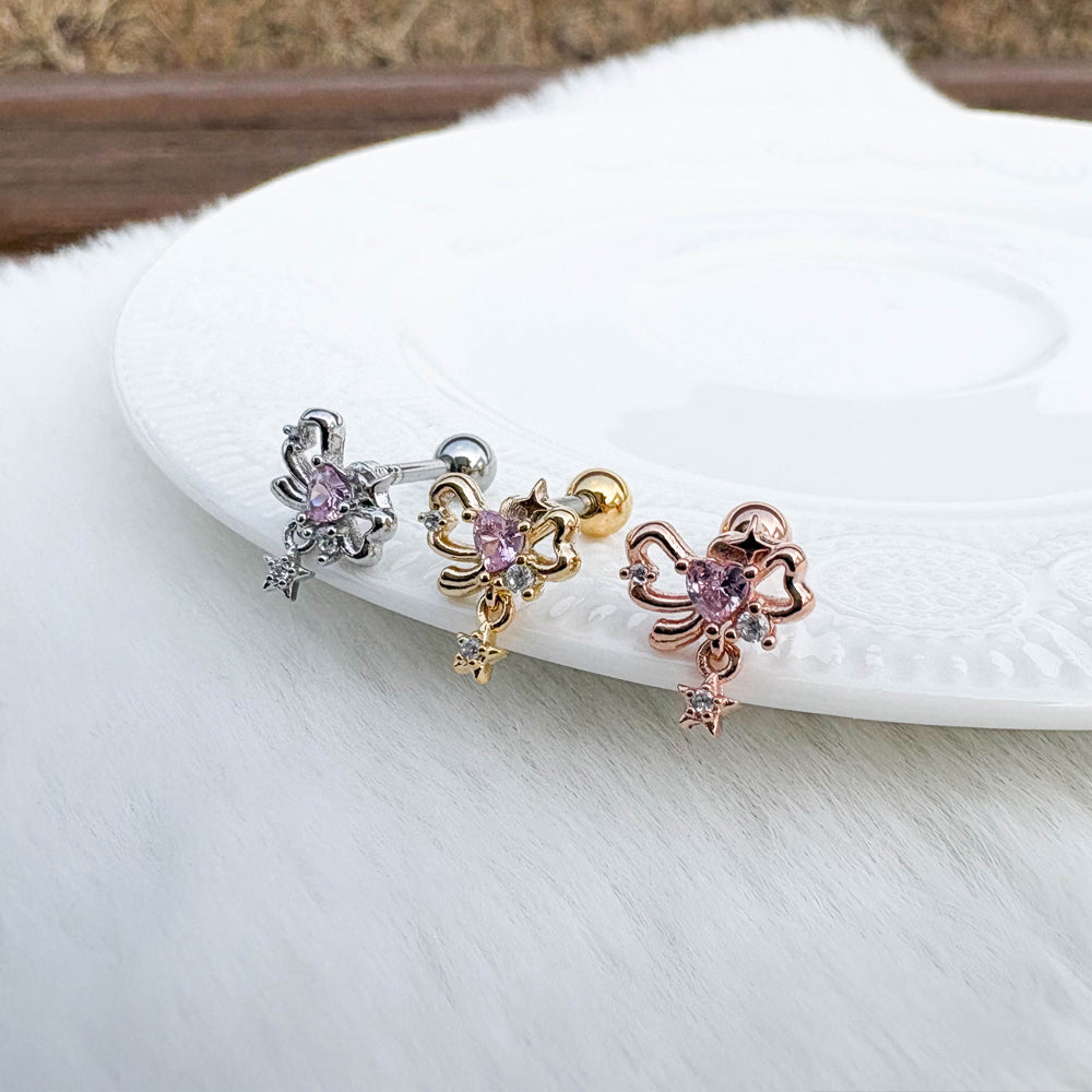 A5 257 ［サージカルステンレス］リボンスターハートチャームピアス