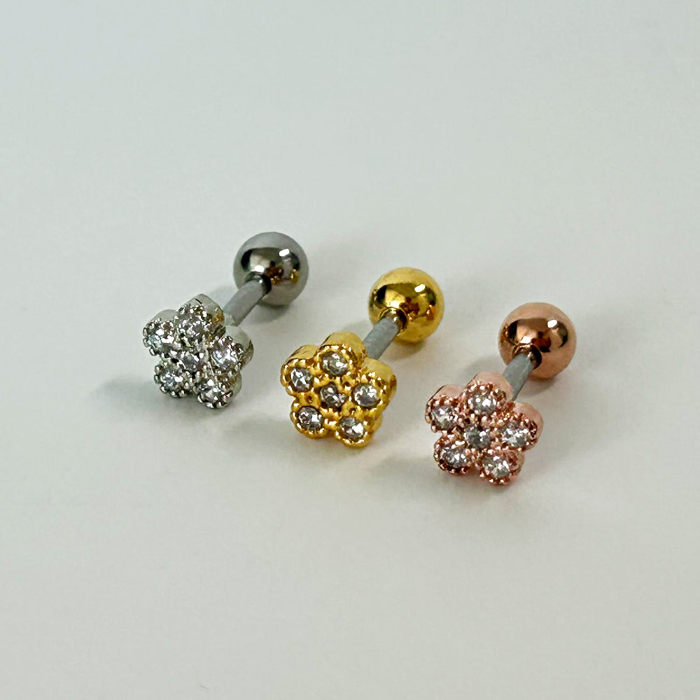 MN 071 ［サージカルステンレス］花キュービックストーンピアス　