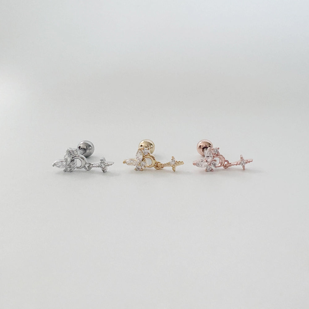 A8 285 ［サージカルステンレス］ドロップ蝶々＆月＆花ピアス