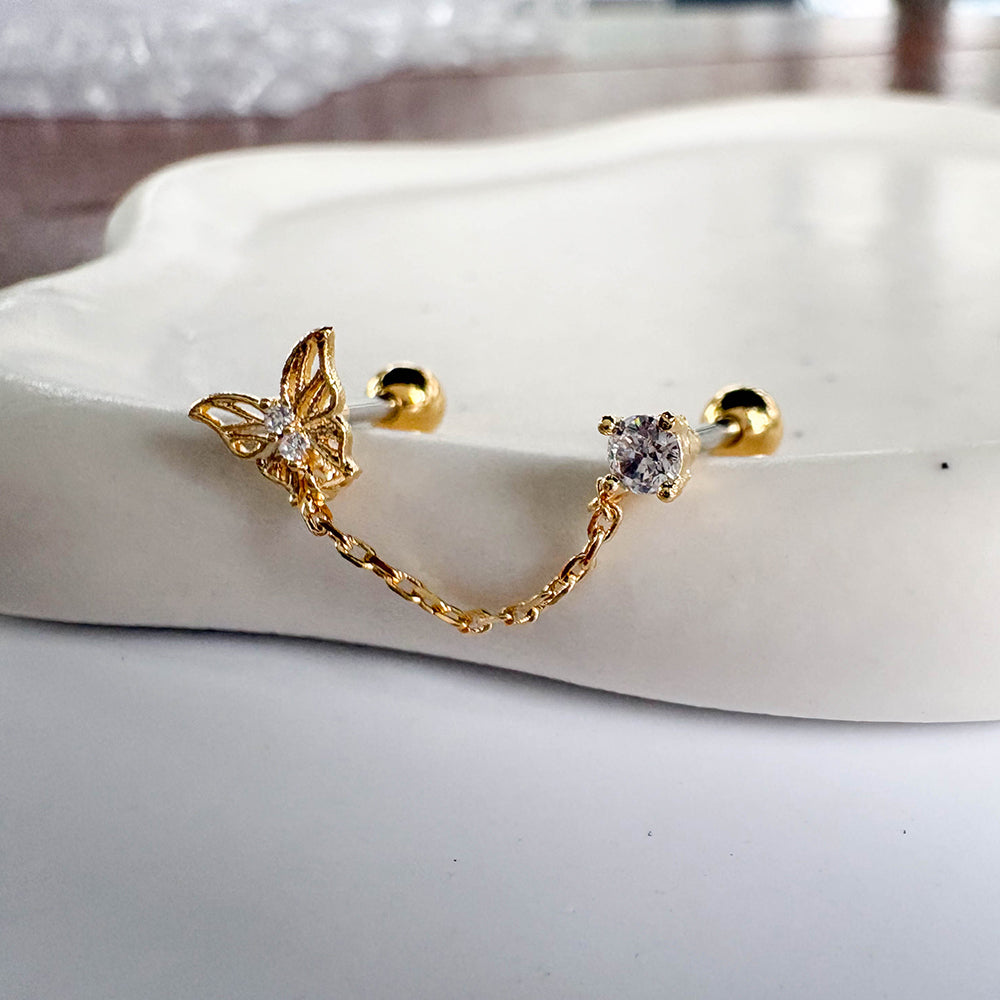 MJ 072 ［サージカルステンレス］ドロップチェーン蝶々ピアス