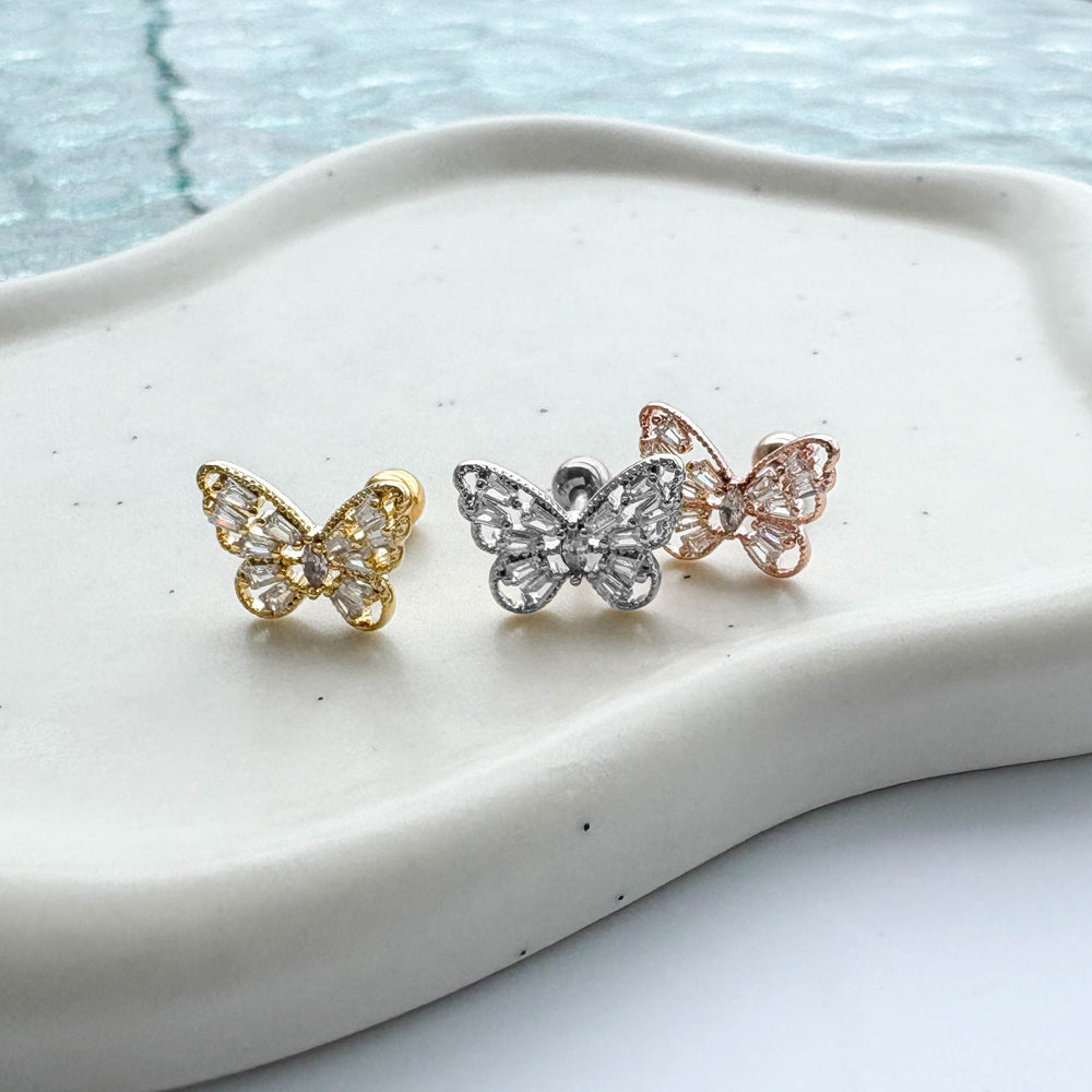 MN 189 ［サージカルステンレス］ストーン蝶々ピアス
