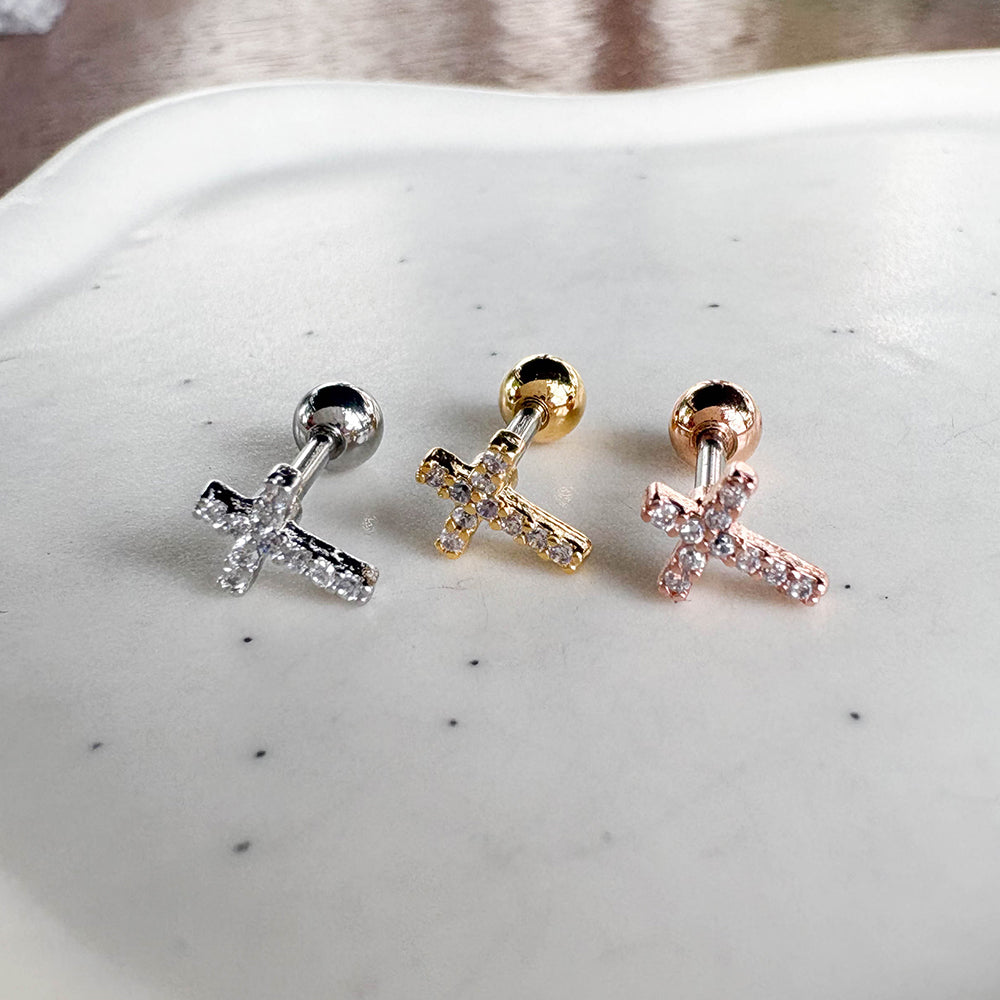 MJ 028 ［サージカルステンレス］キュービック十字架ピアス