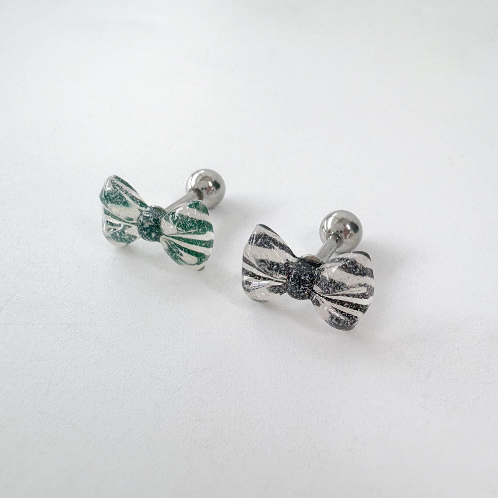 MK 083 ［サージカルステンレス］クリアパールリボンピアス