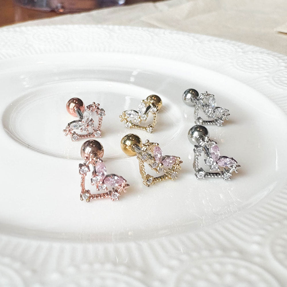 MP 166 ［サージカルステンレス］キュービックハート蝶々ピアス