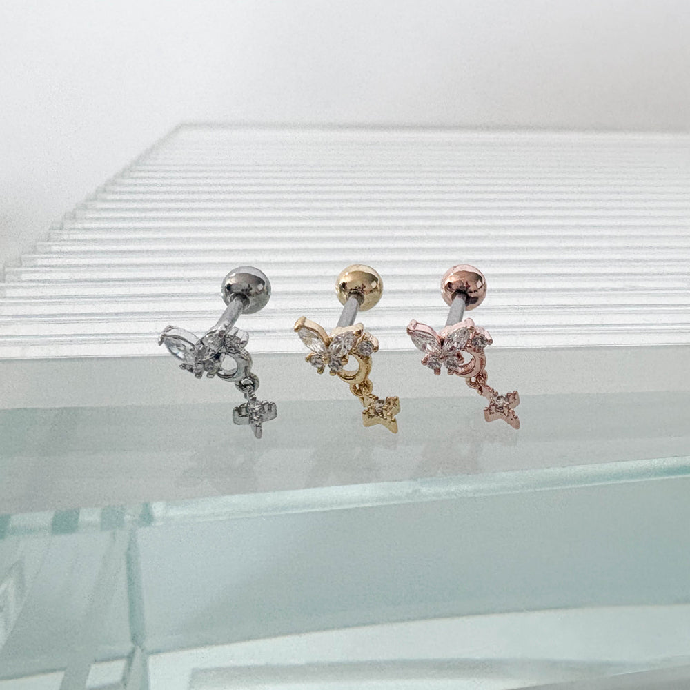 A8 285 ［サージカルステンレス］ドロップ蝶々＆月＆花ピアス