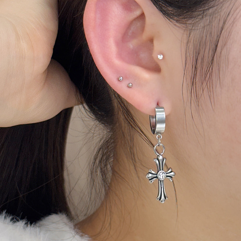 YEH 008 ［サージカルステンレス］ゴシック十字架スチールリングドロップピアス