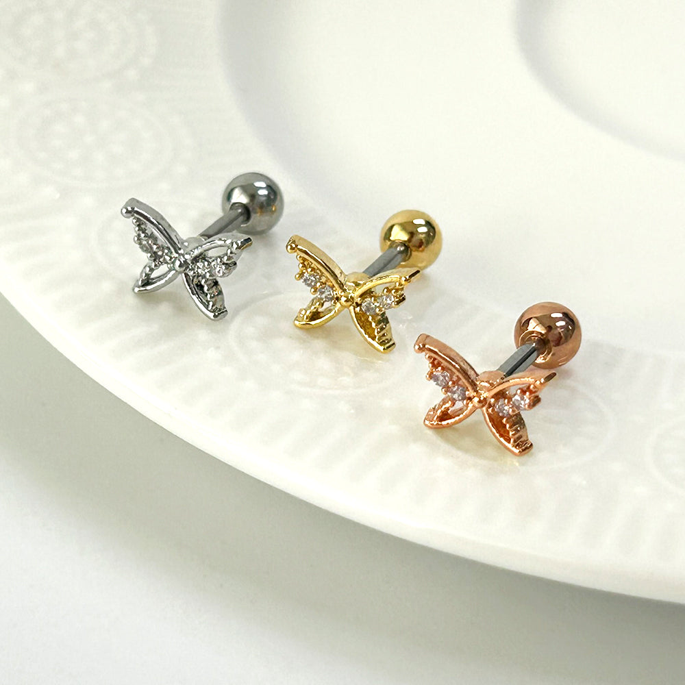 MJ 069 ［サージカルステンレス］キュービックワンボール蝶ピアス