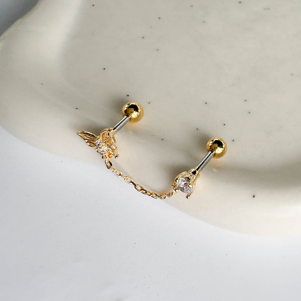 MJ 072 ［サージカルステンレス］ドロップチェーン蝶々ピアス