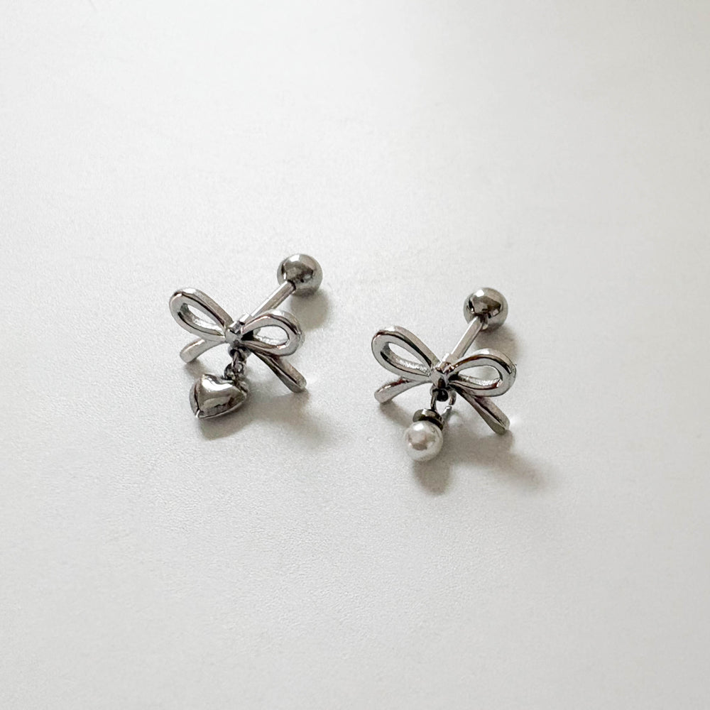B3 039 ［サージカルステンレス］リボンパールドロップピアス
