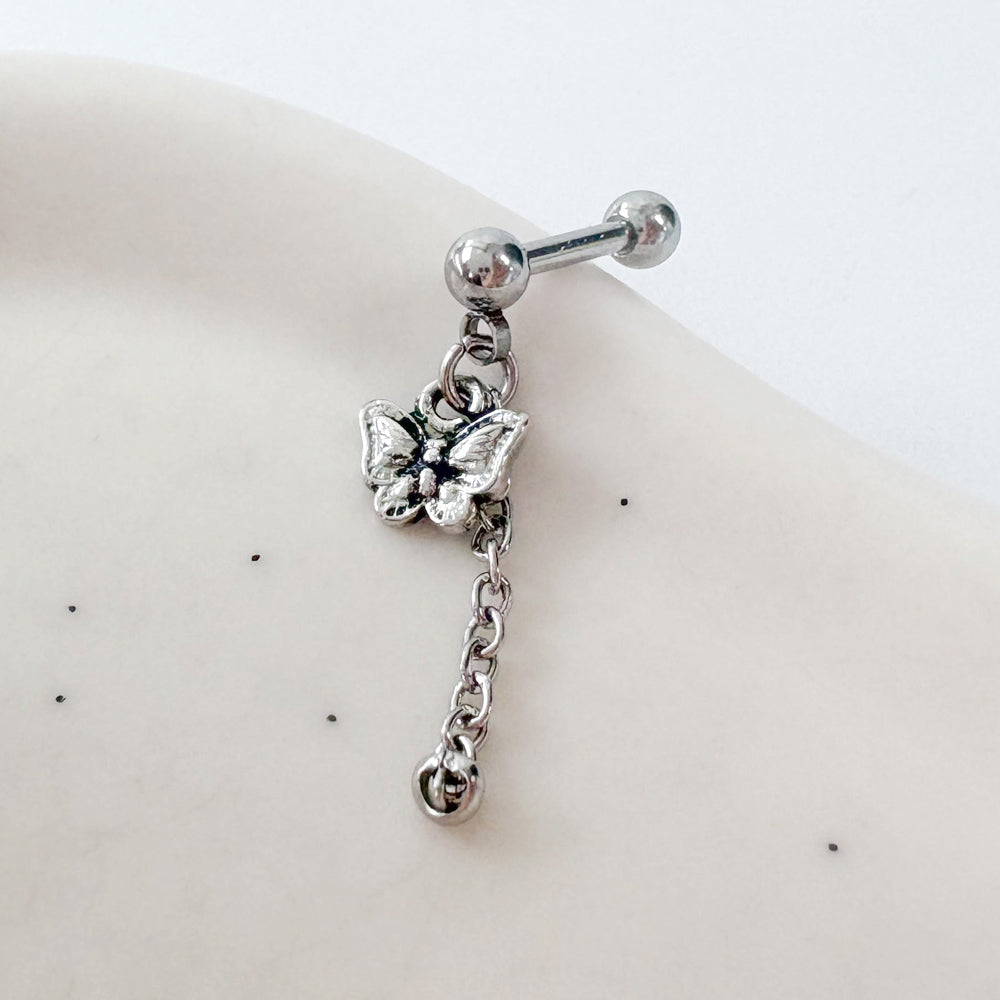 A2 238 ［サージカルステンレス］アンティーク蝶々ロングドロップピアス