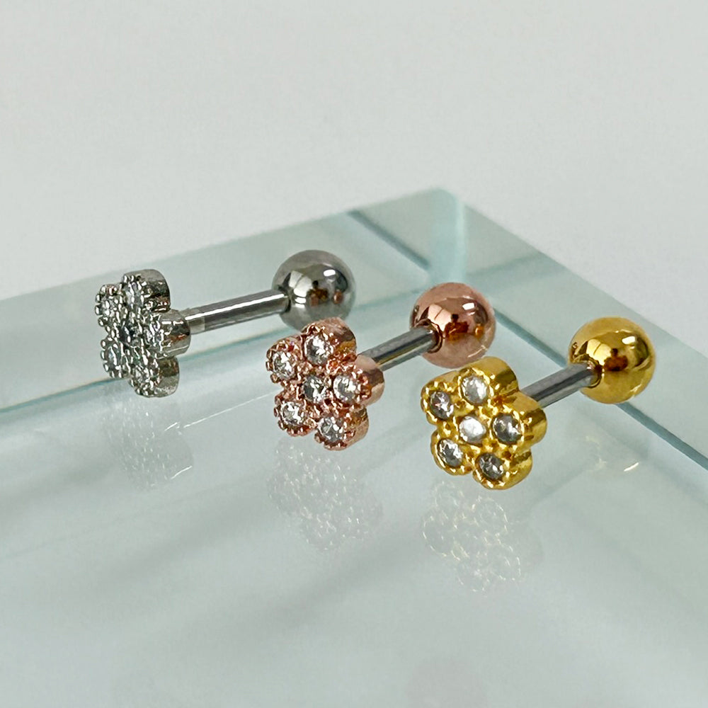 MN 071 ［サージカルステンレス］花キュービックストーンピアス　