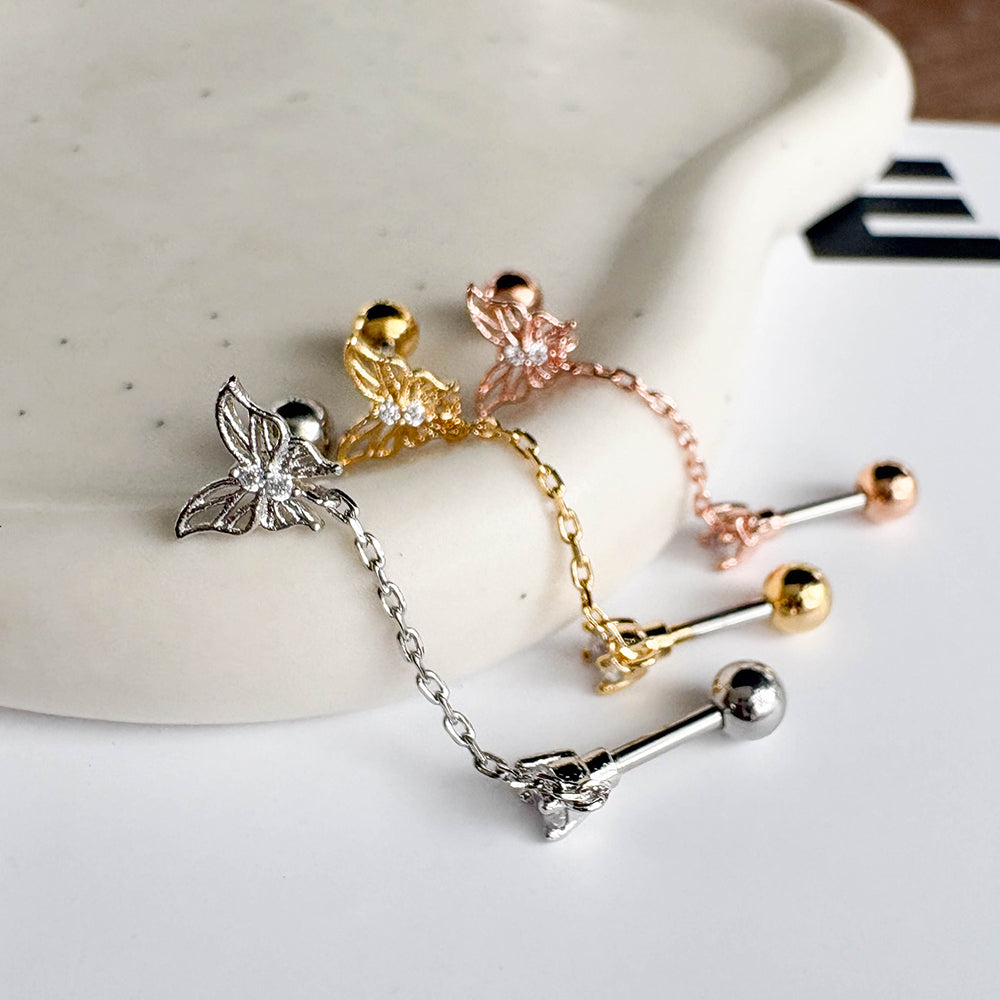 MJ 072 ［サージカルステンレス］ドロップチェーン蝶々ピアス