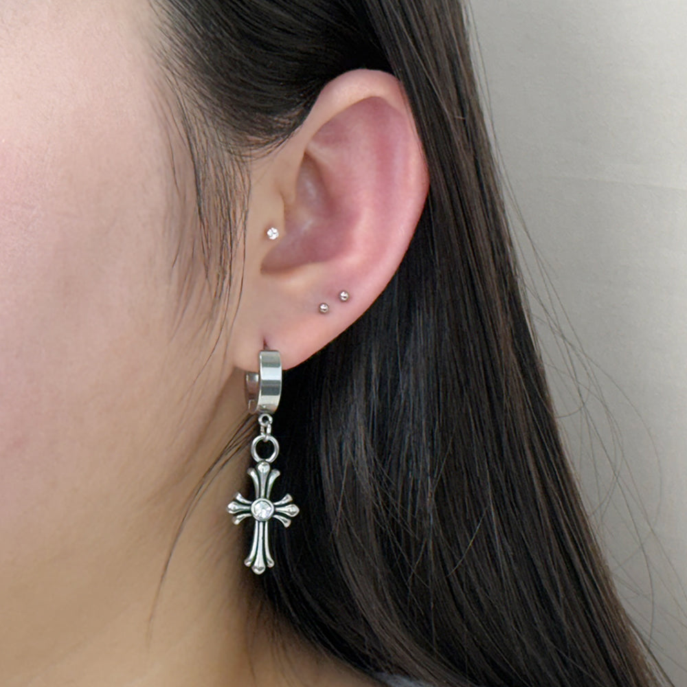 YEH 008 ［サージカルステンレス］ゴシック十字架スチールリングドロップピアス