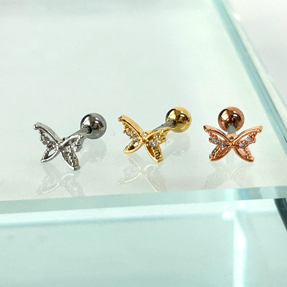 MJ 069 ［サージカルステンレス］キュービックワンボール蝶ピアス