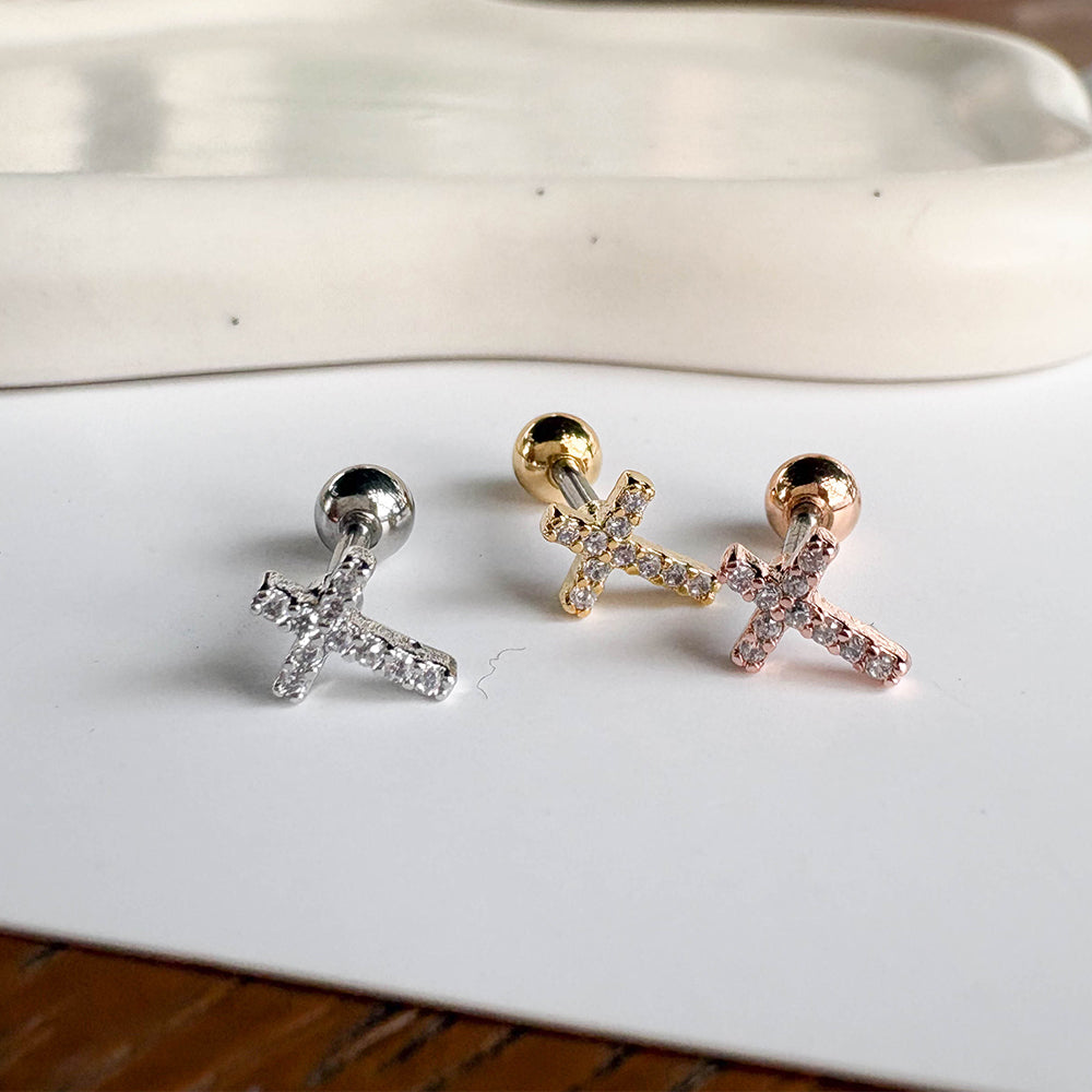 MJ 028 ［サージカルステンレス］キュービック十字架ピアス