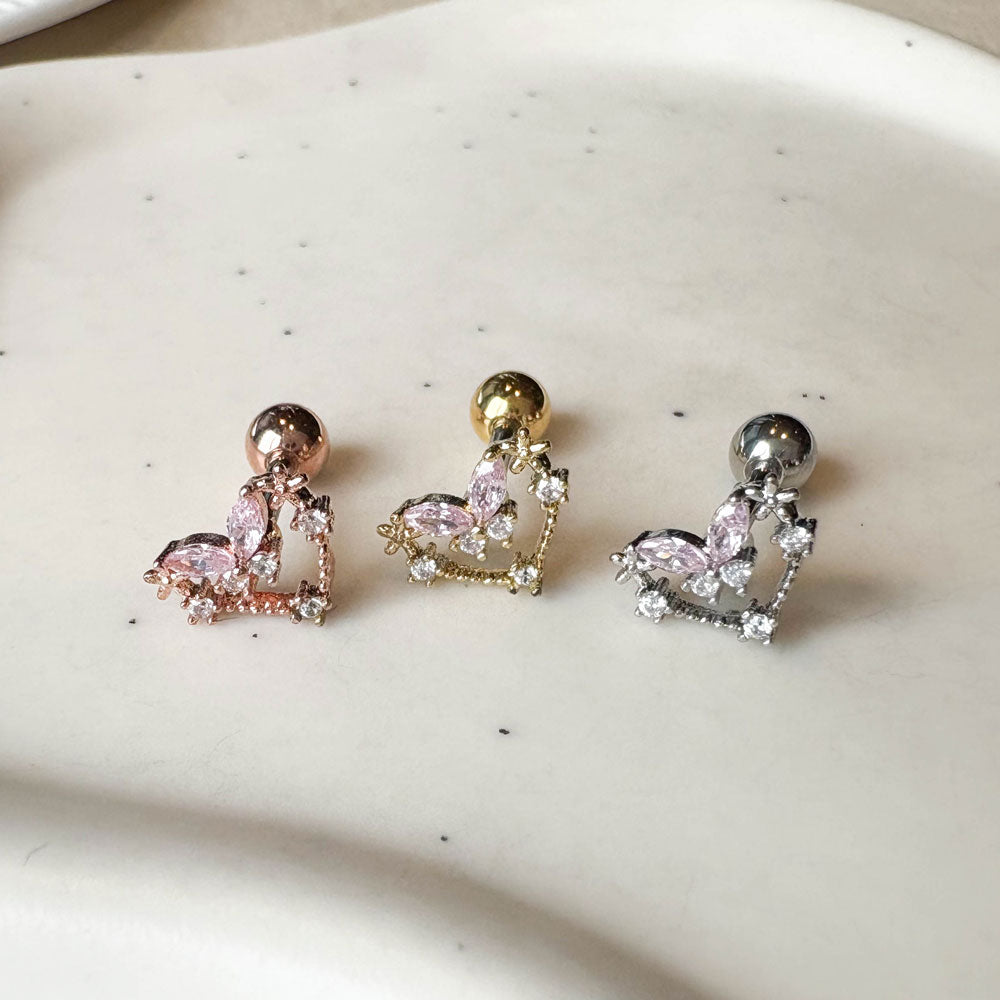 MP 166 ［サージカルステンレス］キュービックハート蝶々ピアス