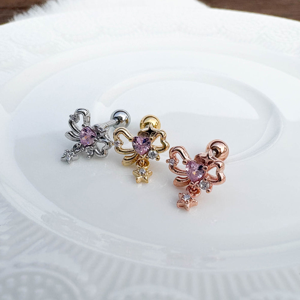 A5 257 ［サージカルステンレス］リボンスターハートチャームピアス