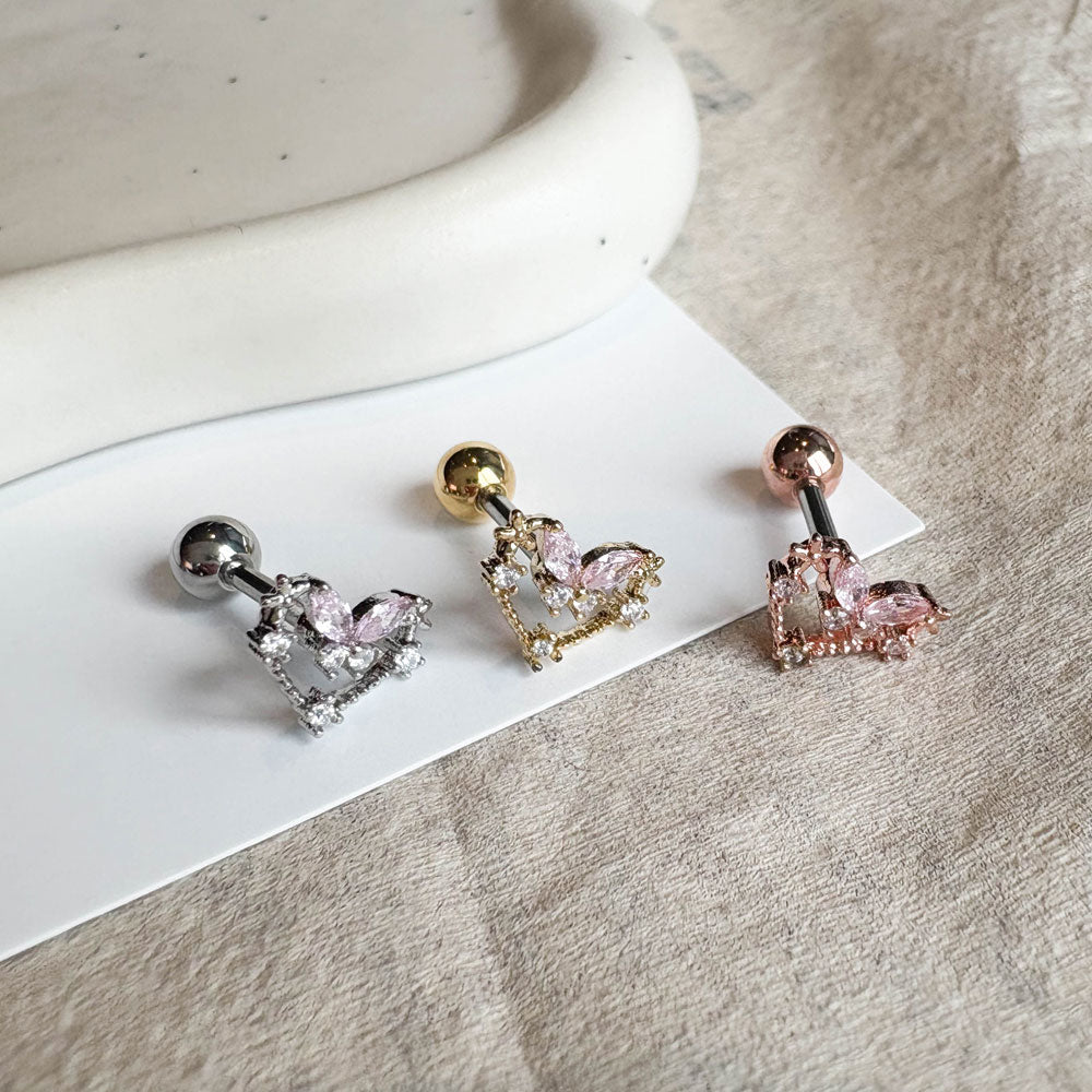 MP 166 ［サージカルステンレス］キュービックハート蝶々ピアス