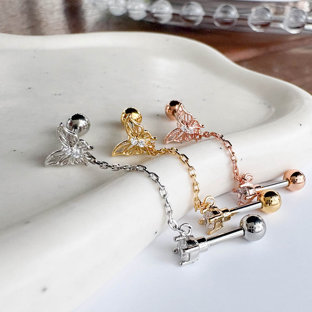 MJ 072 ［サージカルステンレス］ドロップチェーン蝶々ピアス