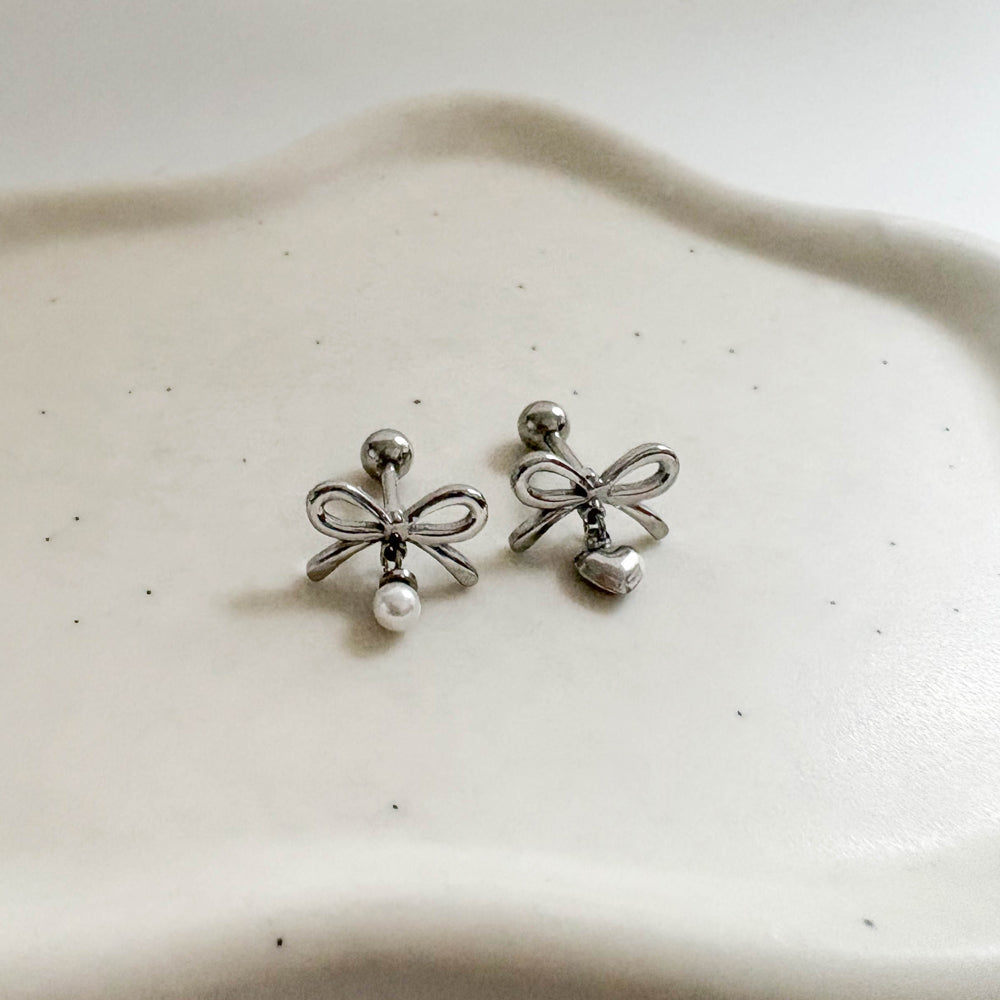 B3 039 ［サージカルステンレス］リボンパールドロップピアス
