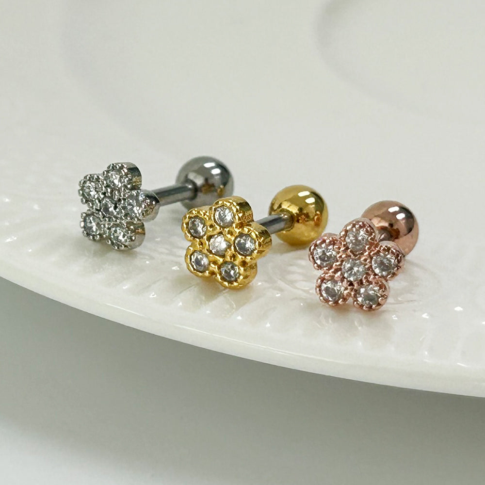 MN 071 ［サージカルステンレス］花キュービックストーンピアス　