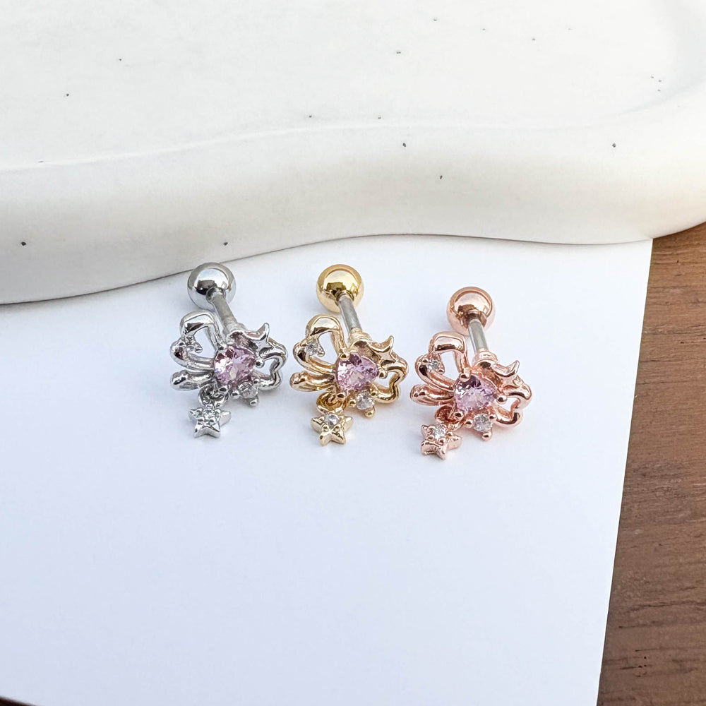 A5 257 ［サージカルステンレス］リボンスターハートチャームピアス