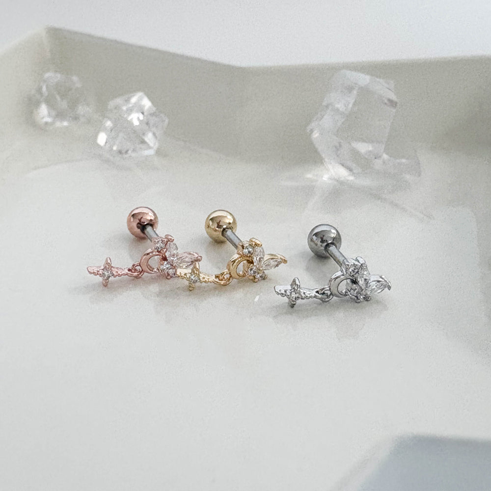 A8 285 ［サージカルステンレス］ドロップ蝶々＆月＆花ピアス