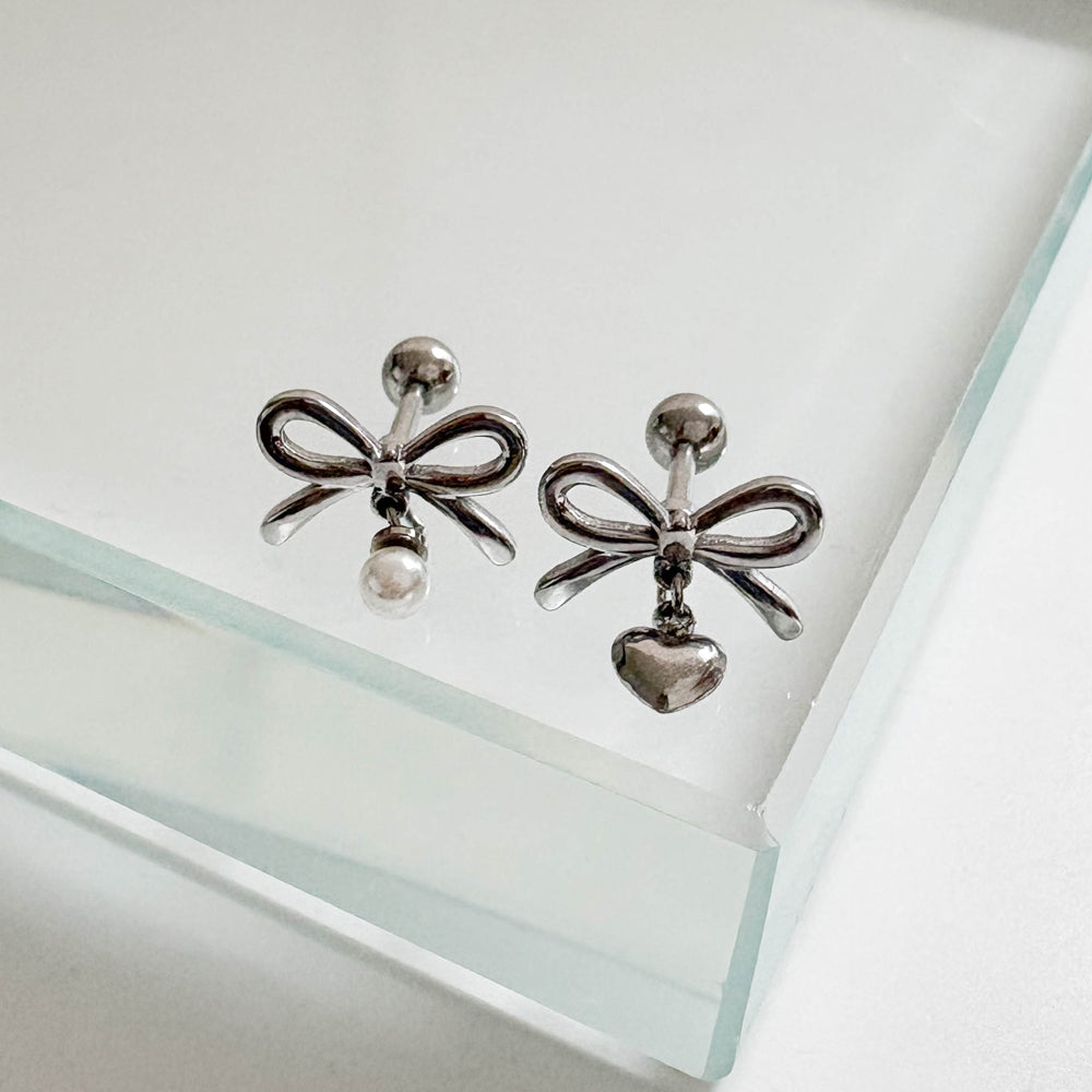 B3 039 ［サージカルステンレス］リボンパールドロップピアス