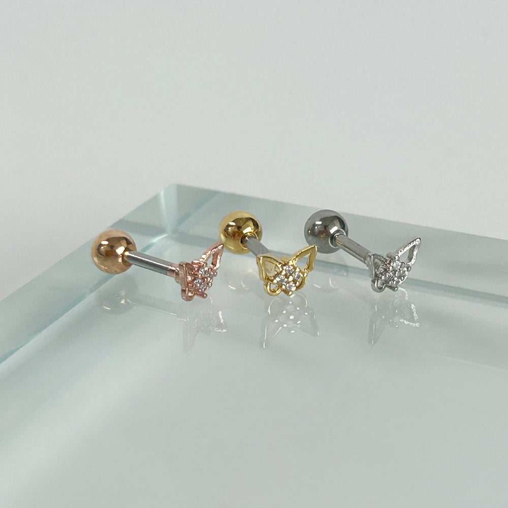 MN 170 ［サージカルステンレス］シンプルキュービックストーン蝶々ピアス