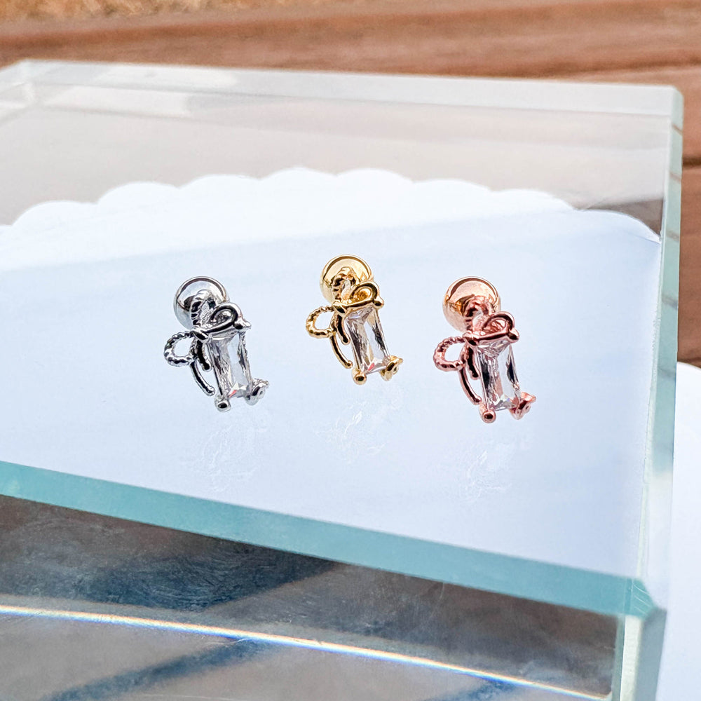 A5 255 ［サージカルステンレス］ストーンキュービックリボンピアス