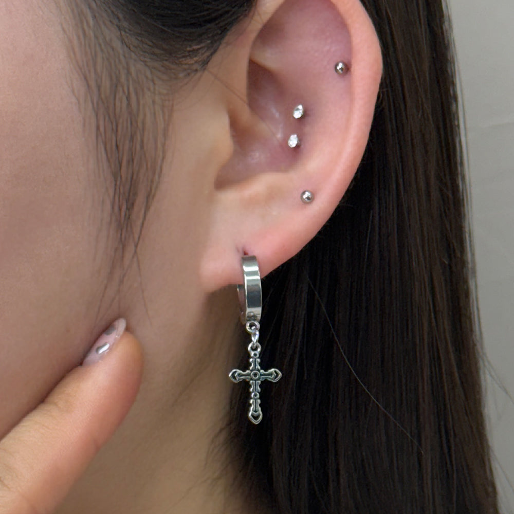 YEH 019 ［サージカルステンレス］十字架リングワンタッチピアス