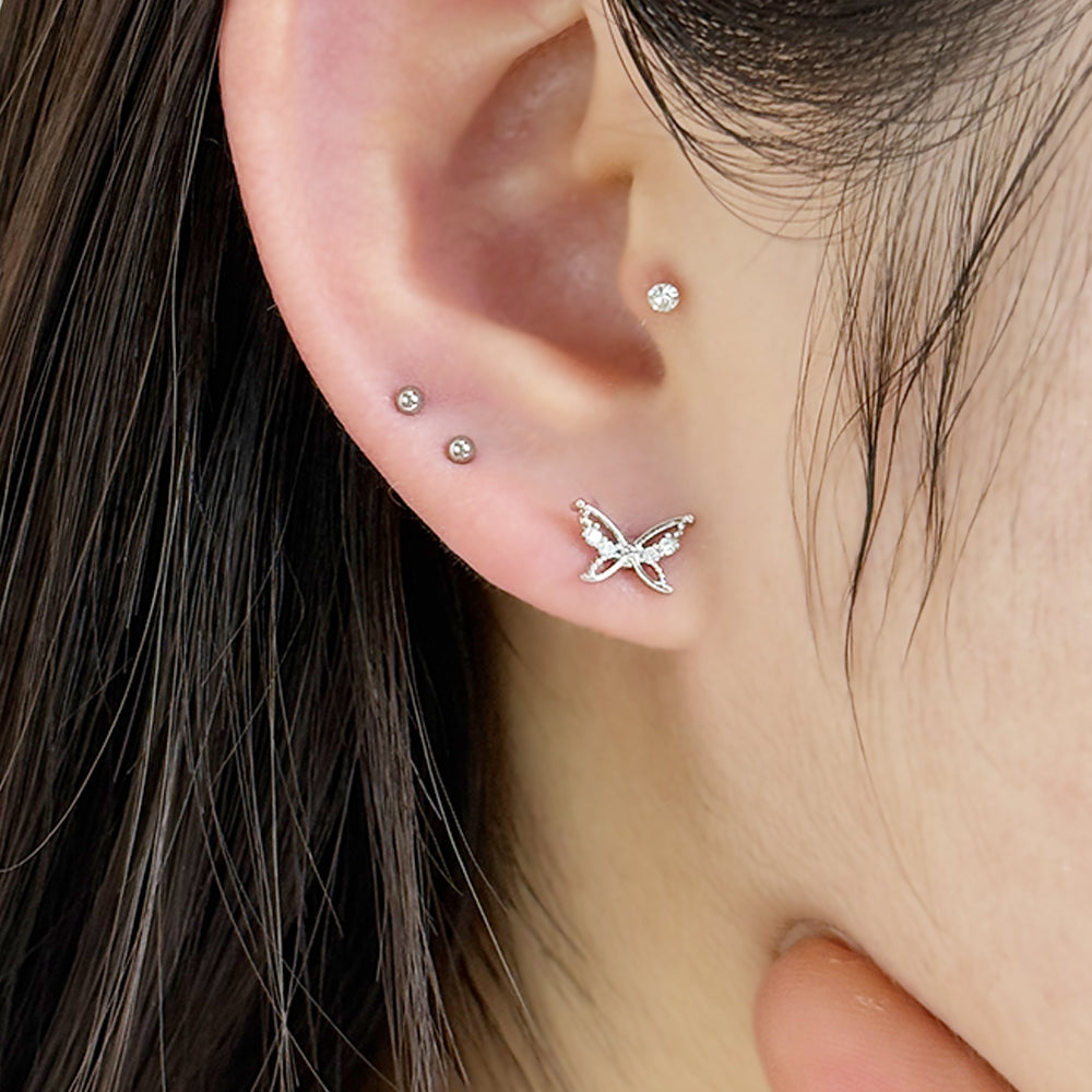 MJ 069 ［サージカルステンレス］キュービックワンボール蝶ピアス