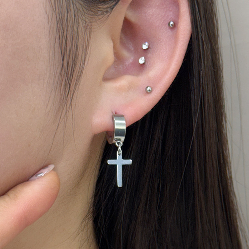 YEH 009 ［サージカルステンレス］十字架スチールドロップワンタッチピアス
