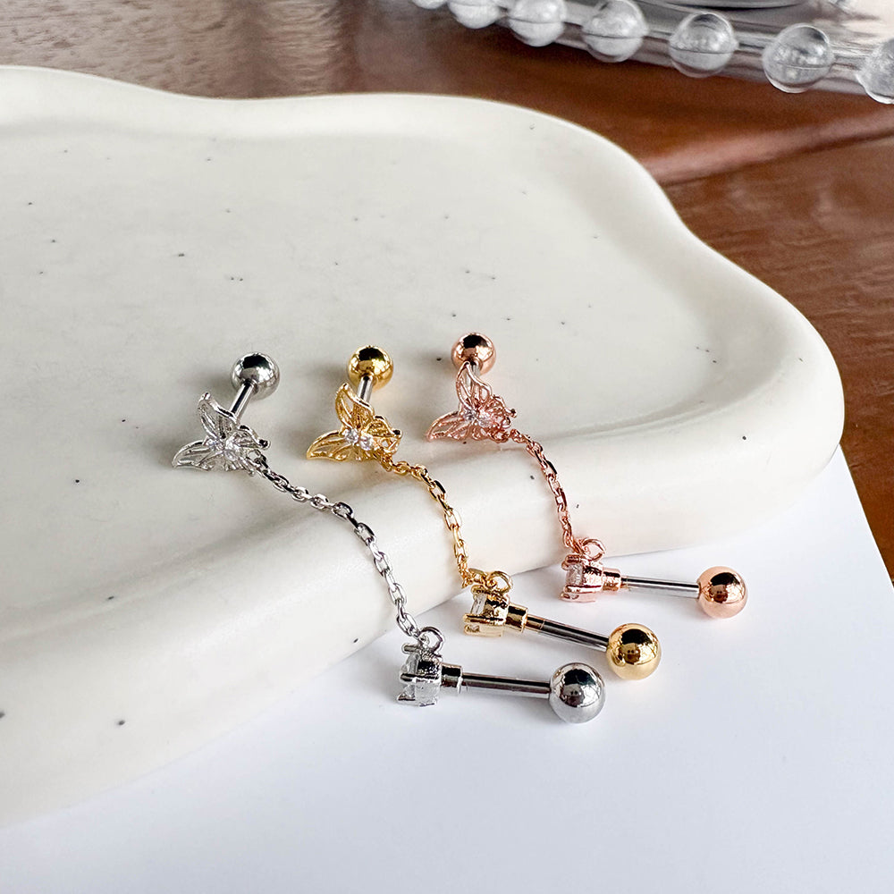 MJ 072 ［サージカルステンレス］ドロップチェーン蝶々ピアス