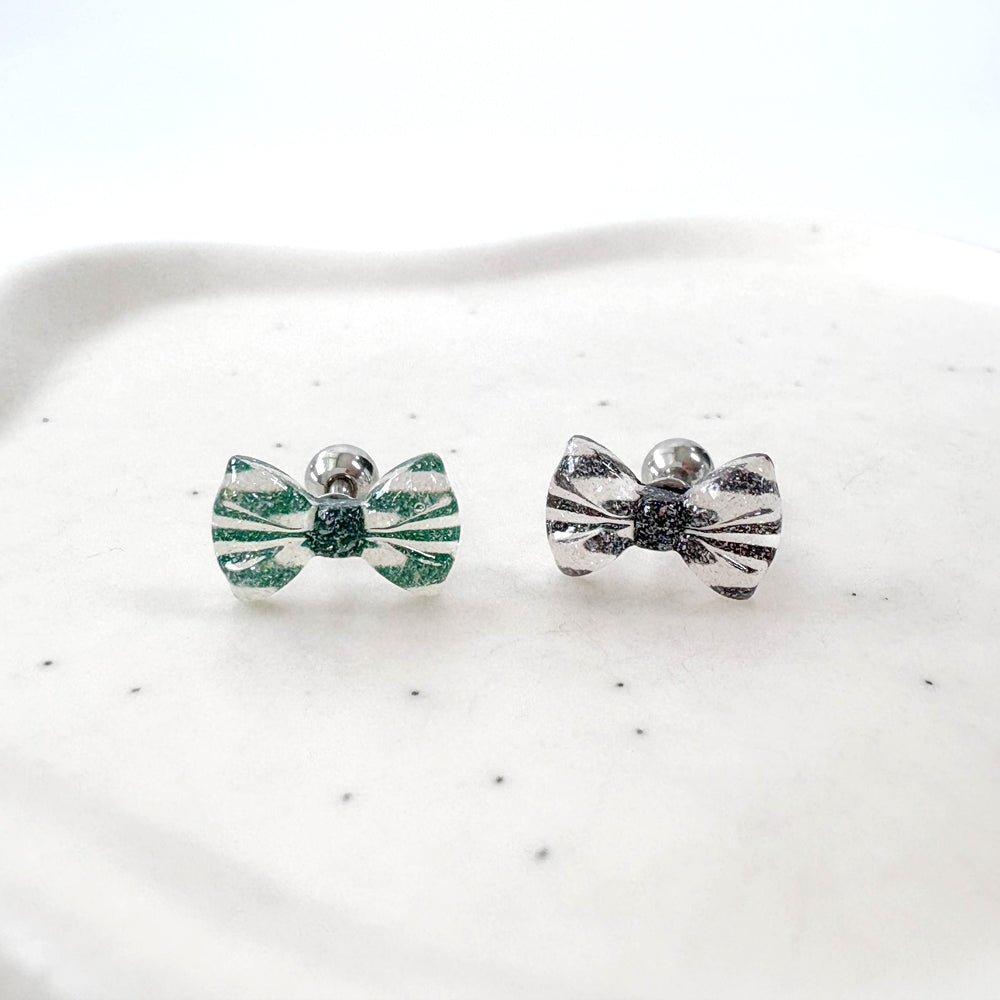 MK 083 ［サージカルステンレス］クリアパールリボンピアス