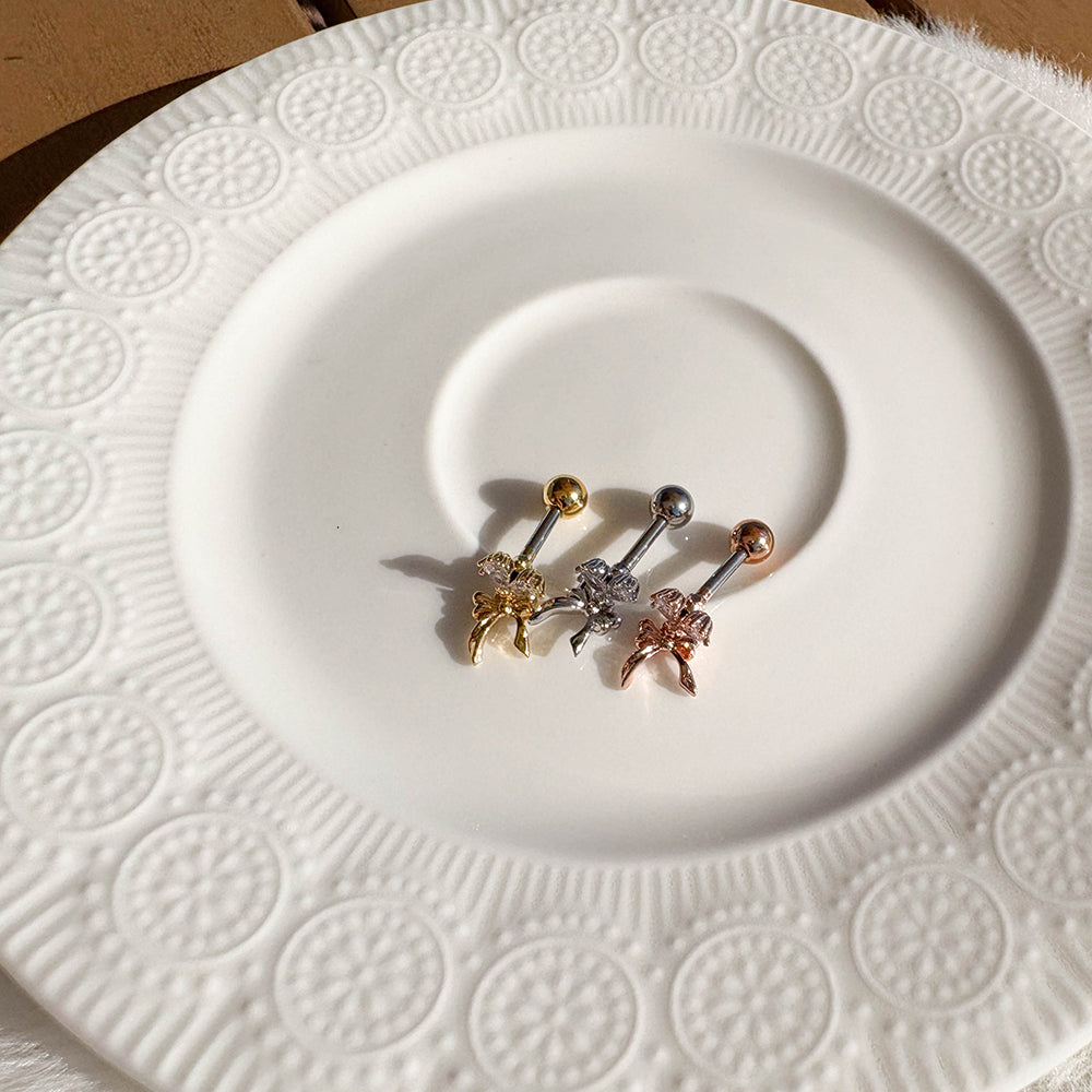 A5 282 ［サージカルステンレス］ダブルストーンドロップリボンピアス