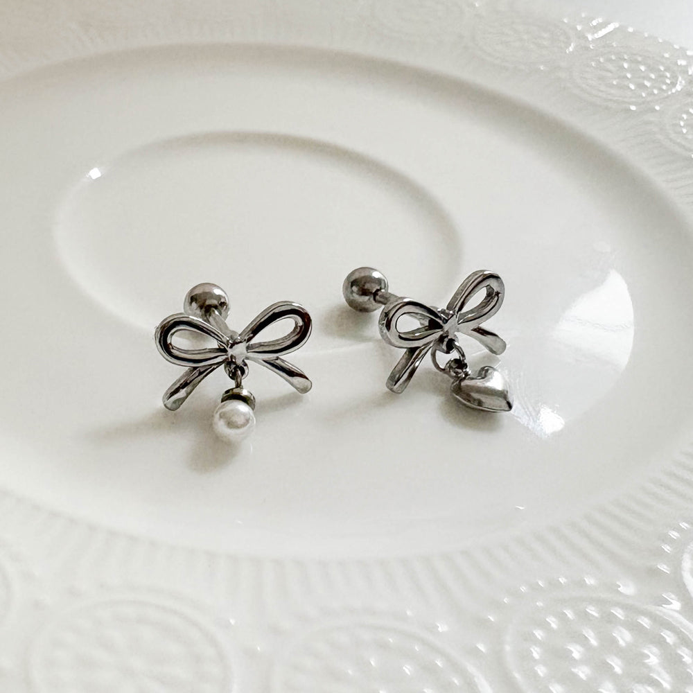 B3 039 ［サージカルステンレス］リボンパールドロップピアス