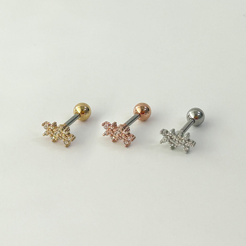 MJ 063 ［サージカルステンレス］シンプルキュービックツーコンボ花ピアス